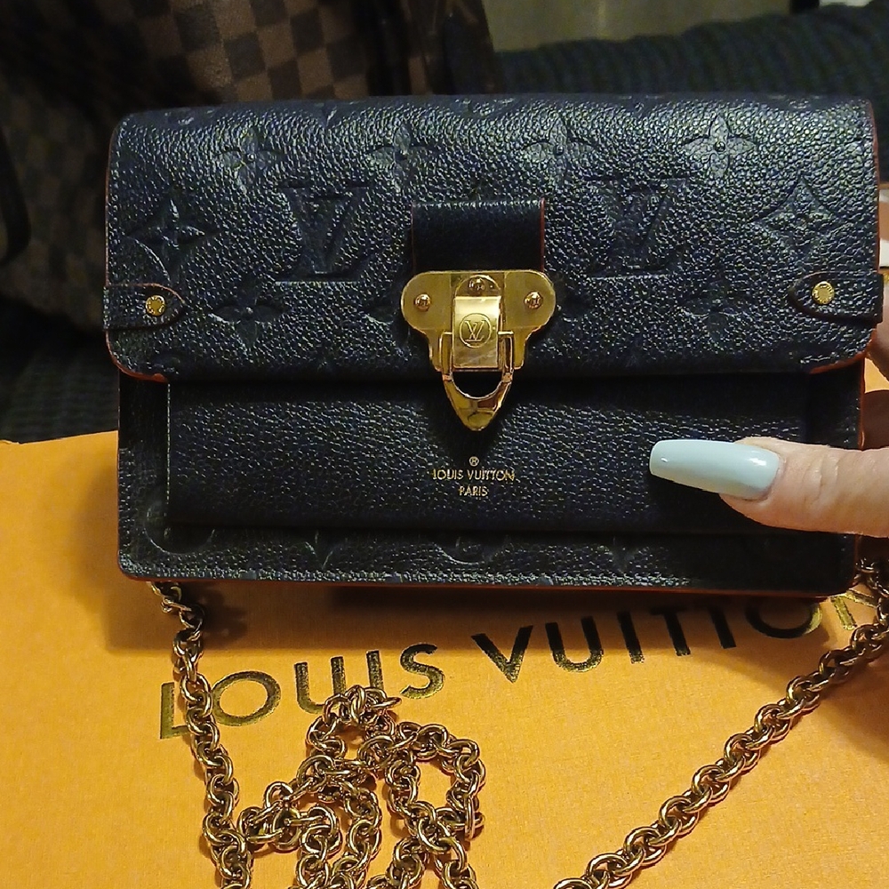 Louis Vuitton Navy Blue Leather Crossbody Bag with Gold Chain